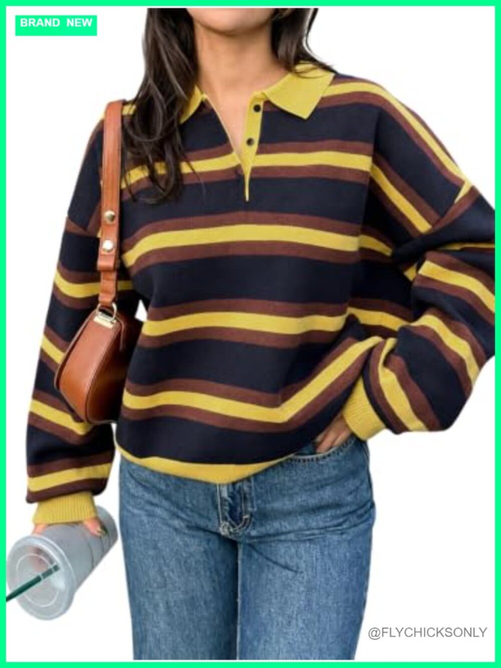 Striped Polo Sweater Long Sleeve Collared Pullover Knit Top